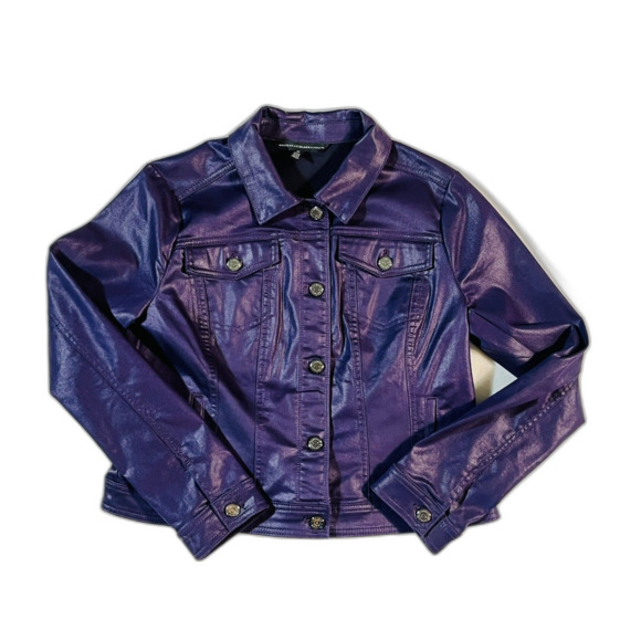 WHBM Purple Shimmer Biker Trucker Coated Jean Jacket Fancy 10 Chic Date EUC - Picture 4 of 8